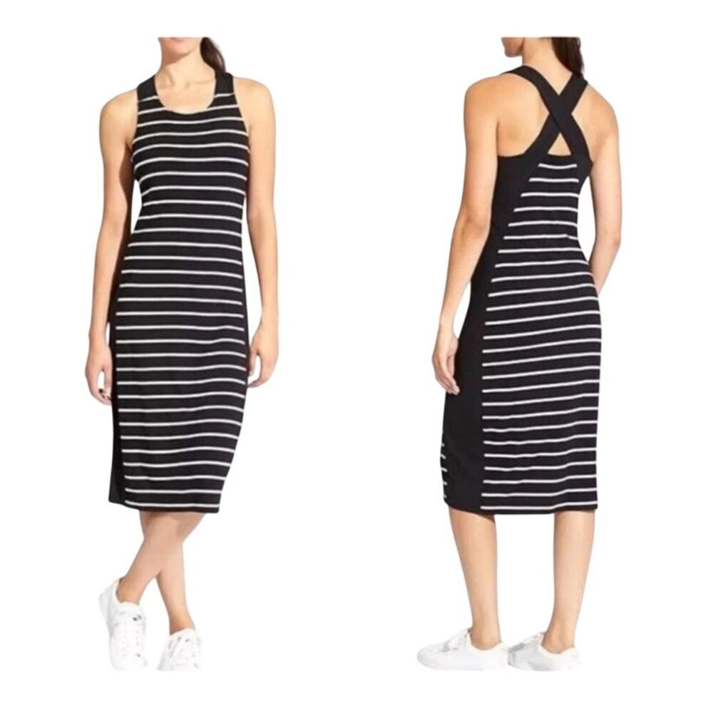 Athleta Women's Getaway Cross Back Midi Dress Black & White Stripe Size S